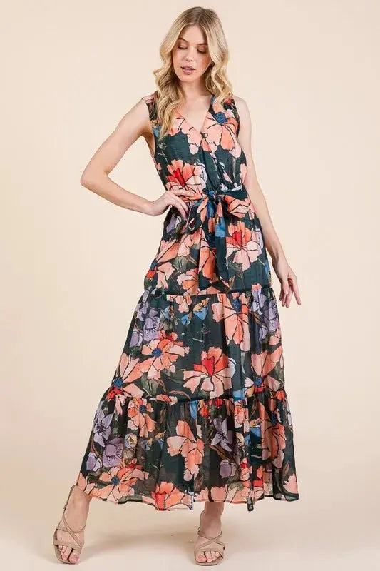 Lime 'N' Chili Floral Print Sleeveless Tie Waist Maxi Dress - Love Salve